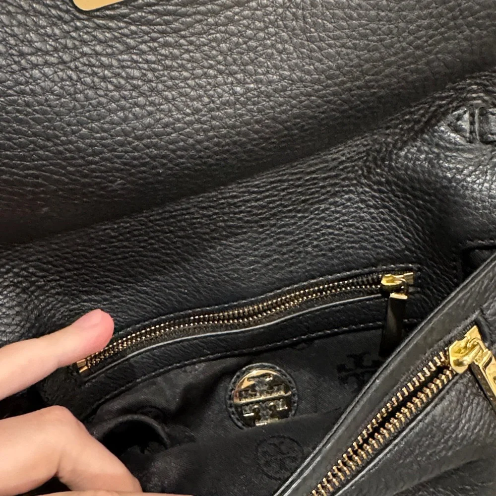 Tory Burch Black Leather Crossbody with Gold Logo & Chain